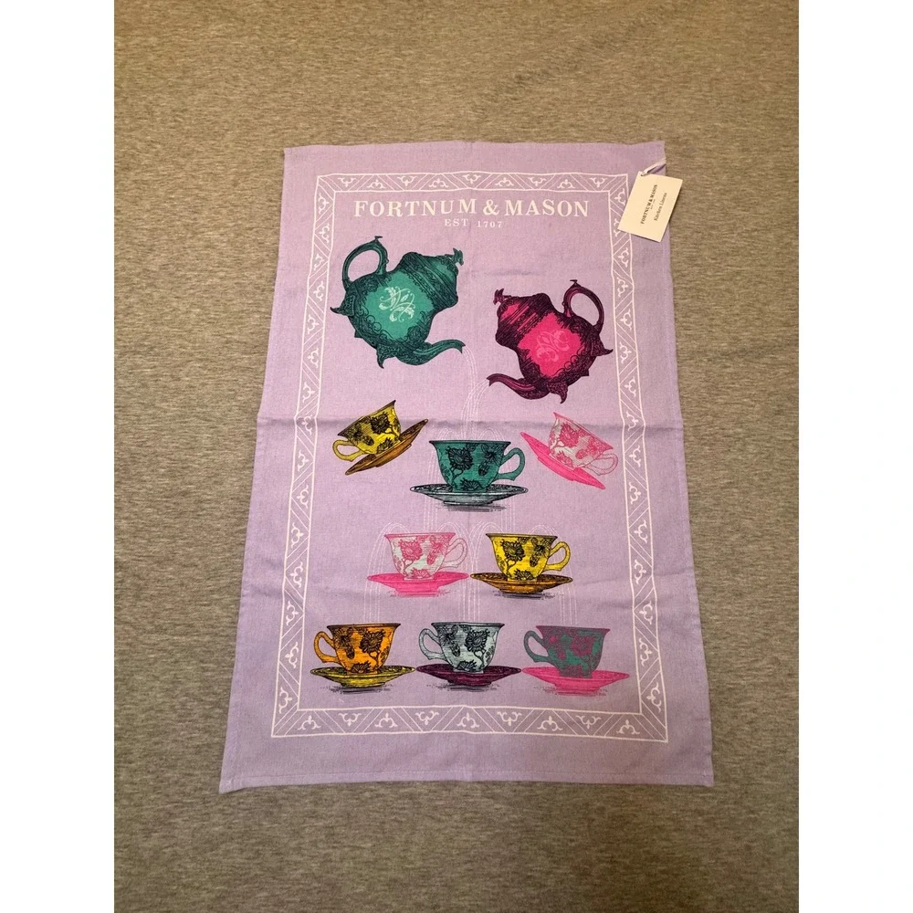 Fortnum & Mason Purple Cotton Tea Towel Teapots Teacups Kitchen NWT